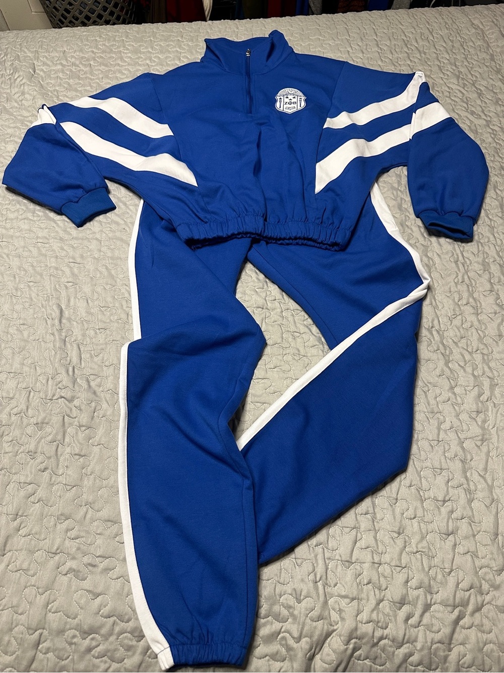 Zeta Phi Beta Women's Blue Zip-Up Jogger Set with White Stripe Accents